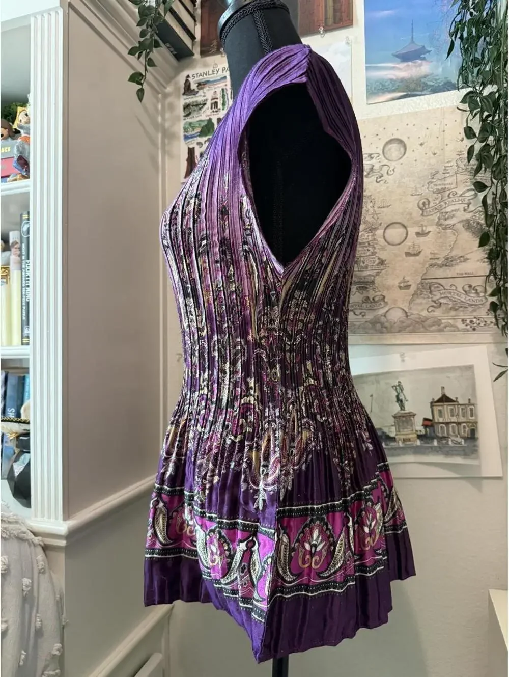 Purple Accordion Pleated Paisley Tunic Top
